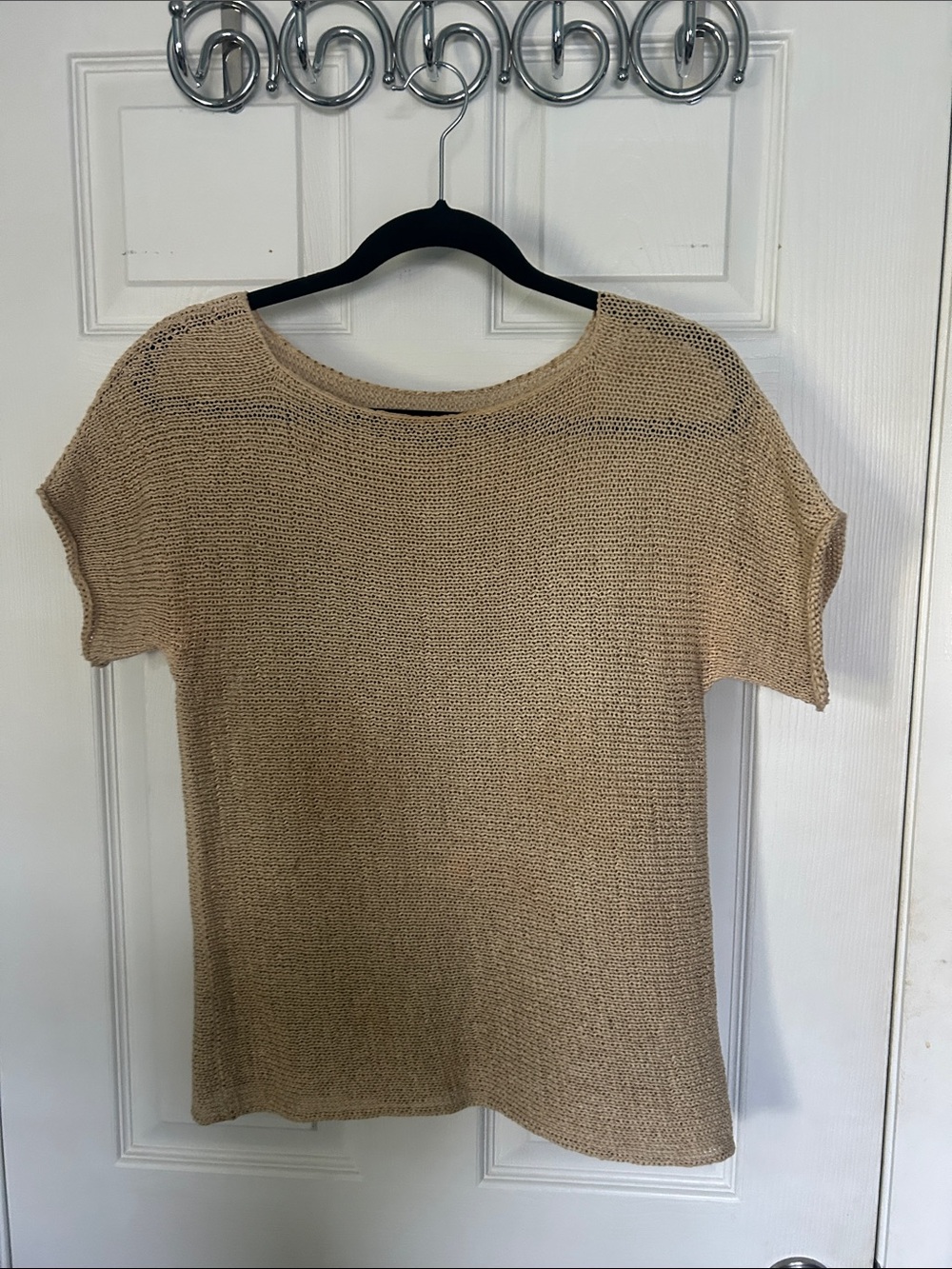 DKNY Beige Open-Knit Short Sleeve Sweater